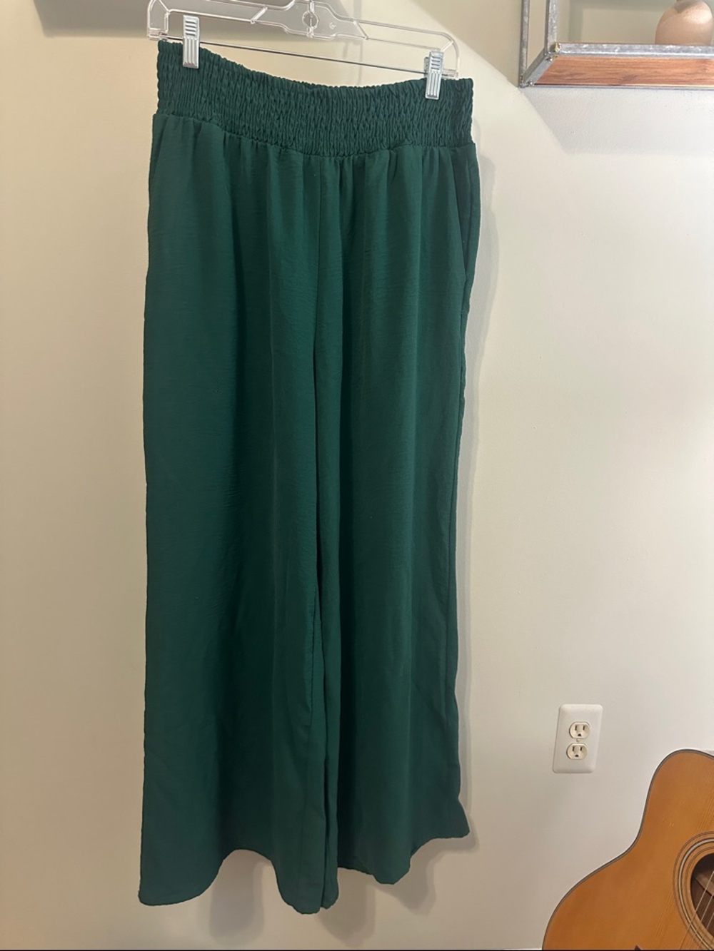Wide Leg Smocked Waist Pants - Deep Green